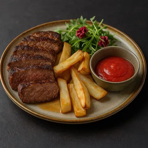 Steak de vită cu cartofi și adjică